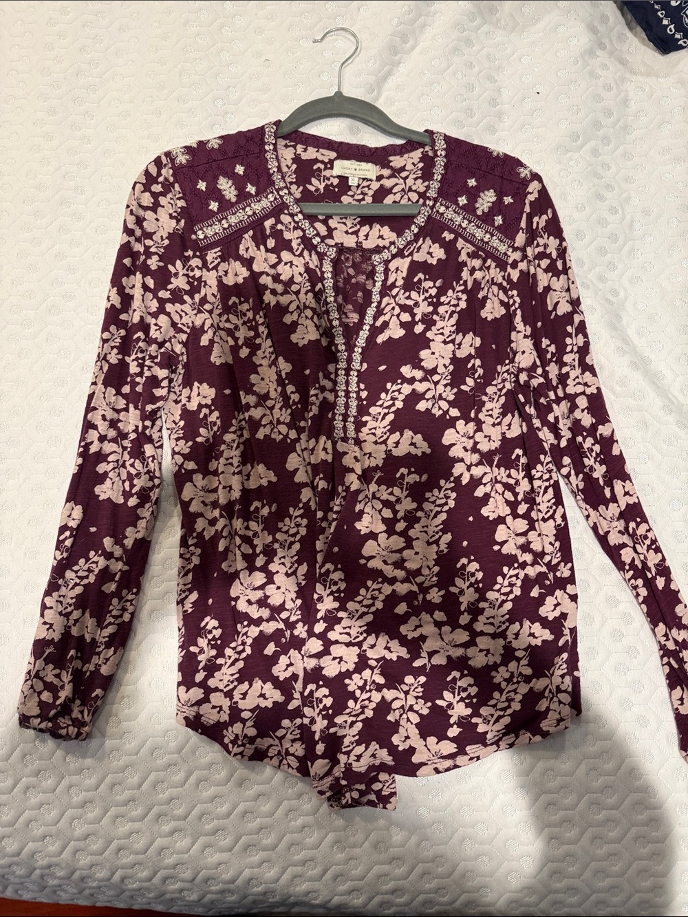 Lucky Brand Plum Floral Split-Neck Blouse with Light Pink Print